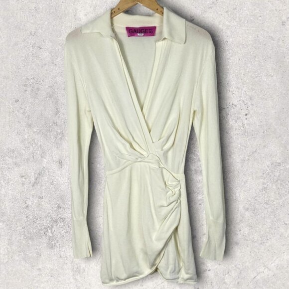 Gauge81 Off White Nojas Dress‎ Size XS Faux Wrap Elastic Waist Ribbed Knit Mini - Picture 5 of 16